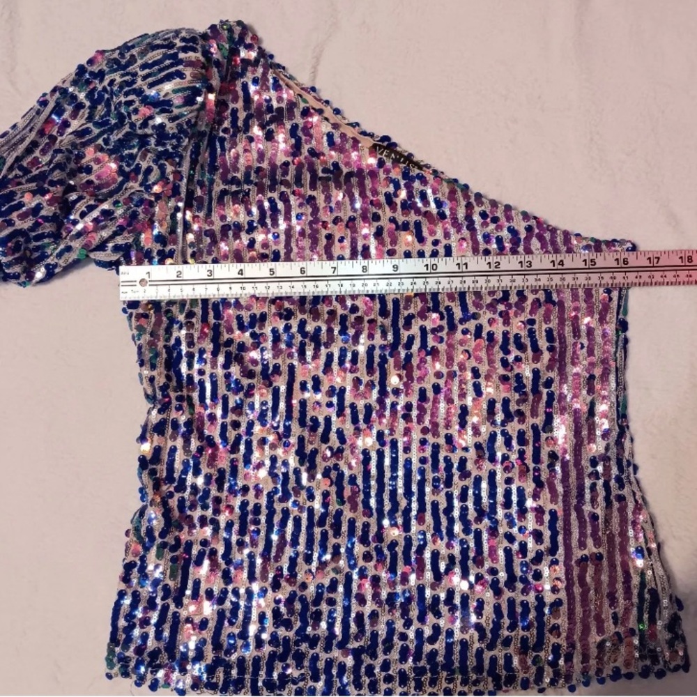 Venus sequined One-Shoulder long sleeve Top - Blue multi color Sz M - Picture 5 of 10